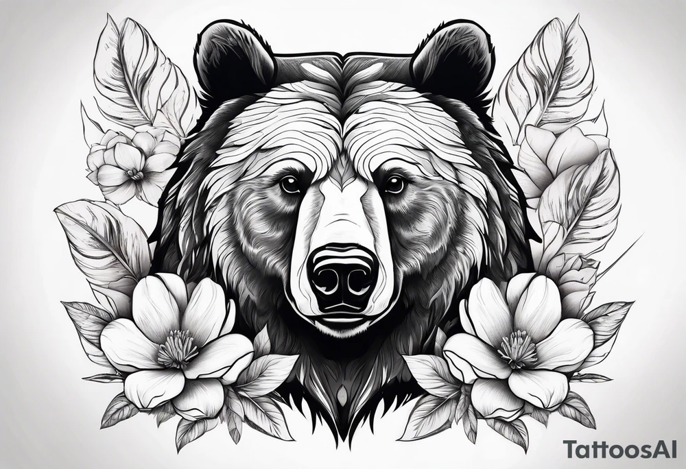 Bear head with magnolia flowers and feather for her son tattoo idea