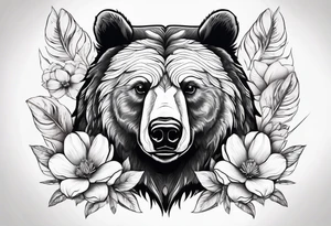 Bear head with magnolia flowers and feather for her son tattoo idea