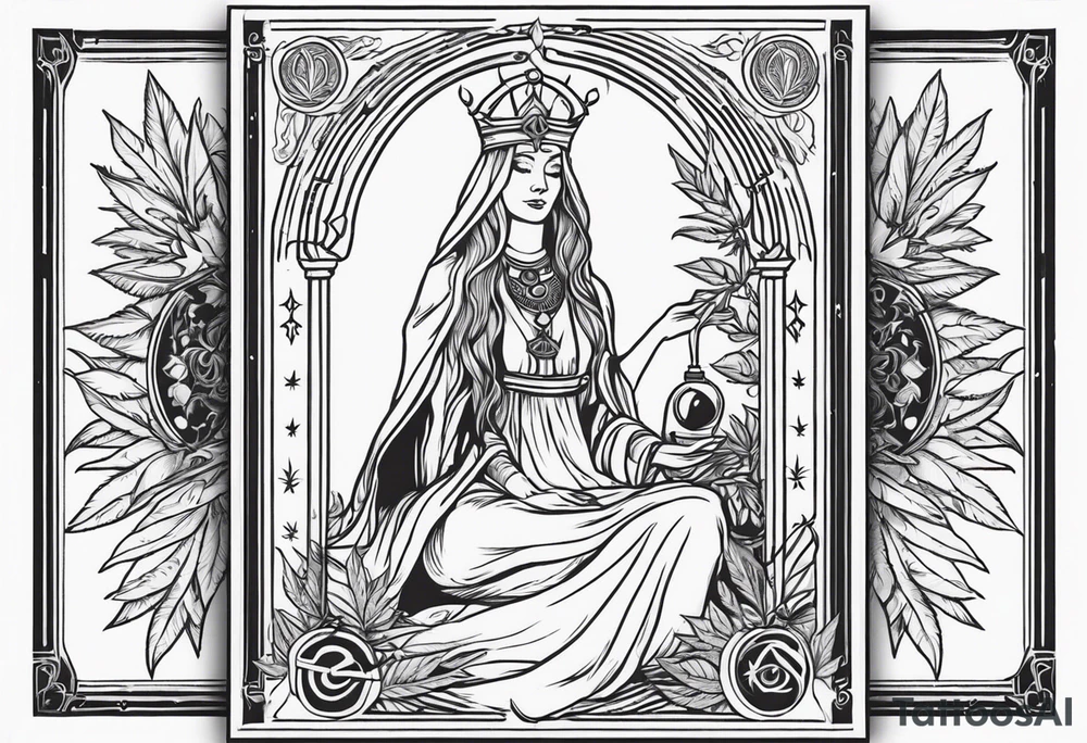 High priestess full tarot card cannabis basic simple 
line work tattoo idea