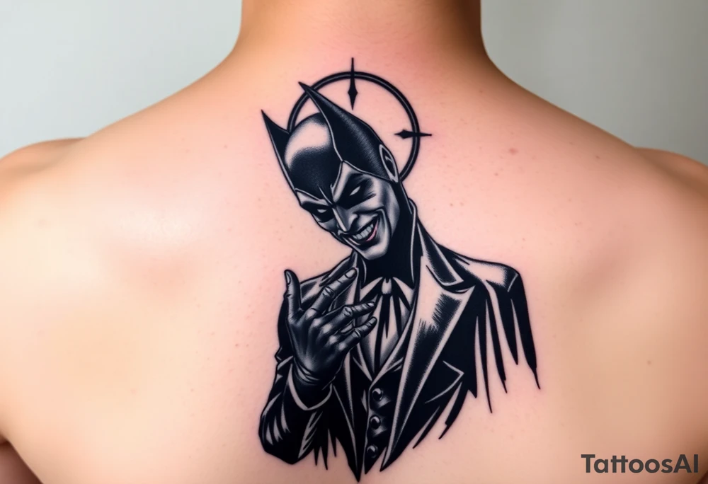 Batman and joker in Gotham with bat signal top center tattoo idea