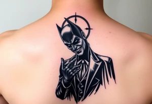 Batman and joker in Gotham with bat signal top center tattoo idea