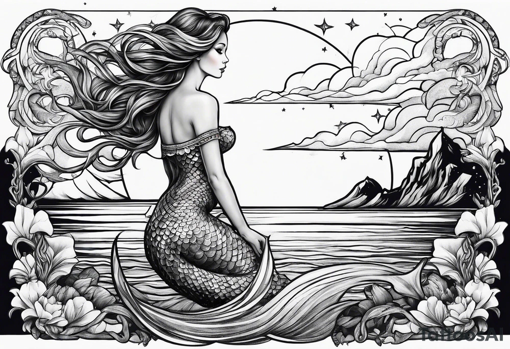 A mermaid looking out into the night sky and ocean horizon tattoo idea
