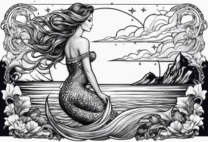 A mermaid looking out into the night sky and ocean horizon tattoo idea