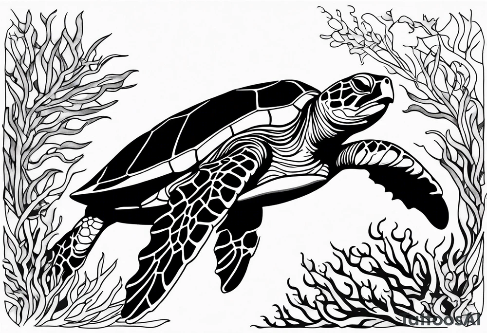 Sea turtle swimming through coral tattoo idea