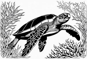 Sea turtle swimming through coral tattoo idea