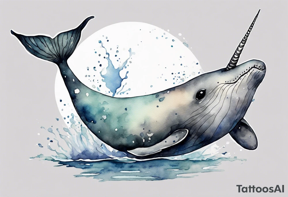 a melancholy watercolor painting of a realistic narwhal swimming in a grey ocean tattoo idea