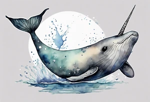 a melancholy watercolor painting of a realistic narwhal swimming in a grey ocean tattoo idea