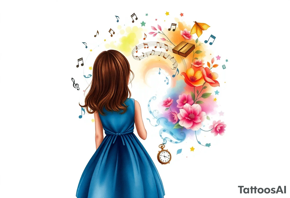 Back view of the silhouette of a brown hair girl in a blue dress. She is following a small white rabbit towards a magical colorful swirl of music notes, books, and flowers. A pocket watch is at the end of the swirl. tattoo idea