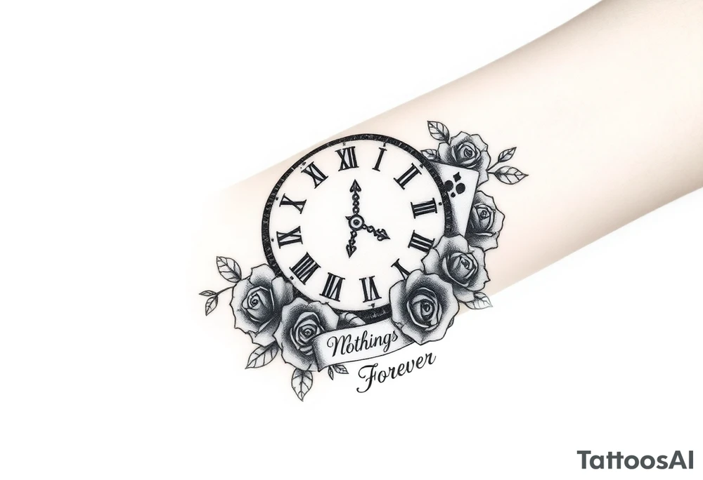 Roman clock with a crown, with roses and a quote that says nothings forever and with a deck of cards gangster chicano style tattoo idea