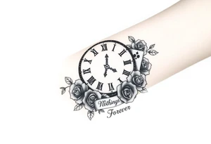 Roman clock with a crown, with roses and a quote that says nothings forever and with a deck of cards gangster chicano style tattoo idea