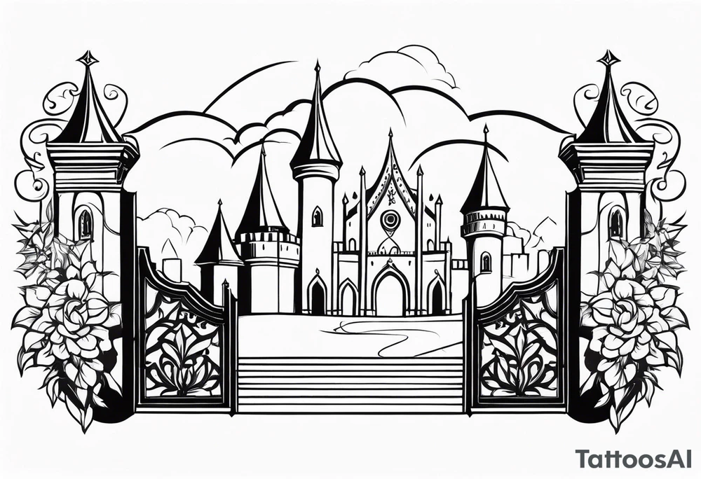 medieval tribal city gate floral land vignette tattoo idea