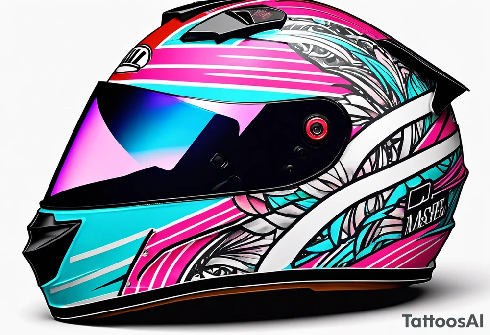 formula 1 helment with miami name and black light blue and pink colors tattoo idea