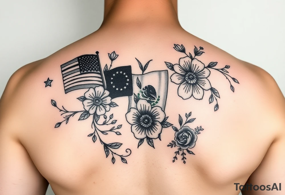 Small, feminine tattoo for placement on my clavical or lower back that reflects new life journey, delicate florals, ornaments and vines. Include U.S and Mexican flags and images of Mexican flowers. Style as if painted on a Mexican tile and include red, green and blue accents. Add color the bottom right design above tattoo idea