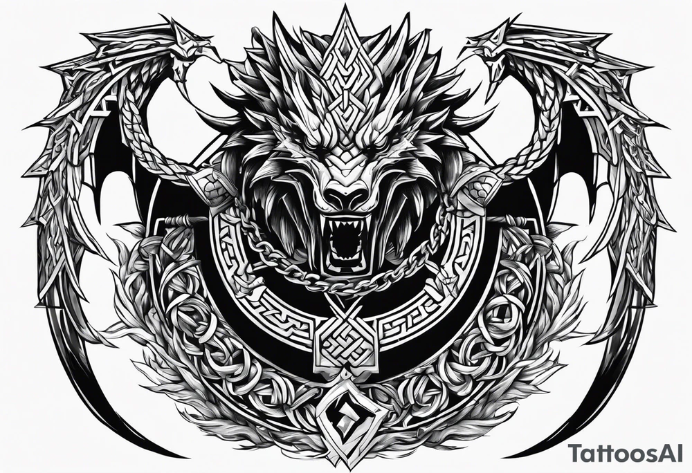 Valhalla sword shield dragon axe Valknut barbed wire chains valknut tattoo idea Valhalla sword shield dragon axe Valknut barbed wire chains valknut tattoo idea