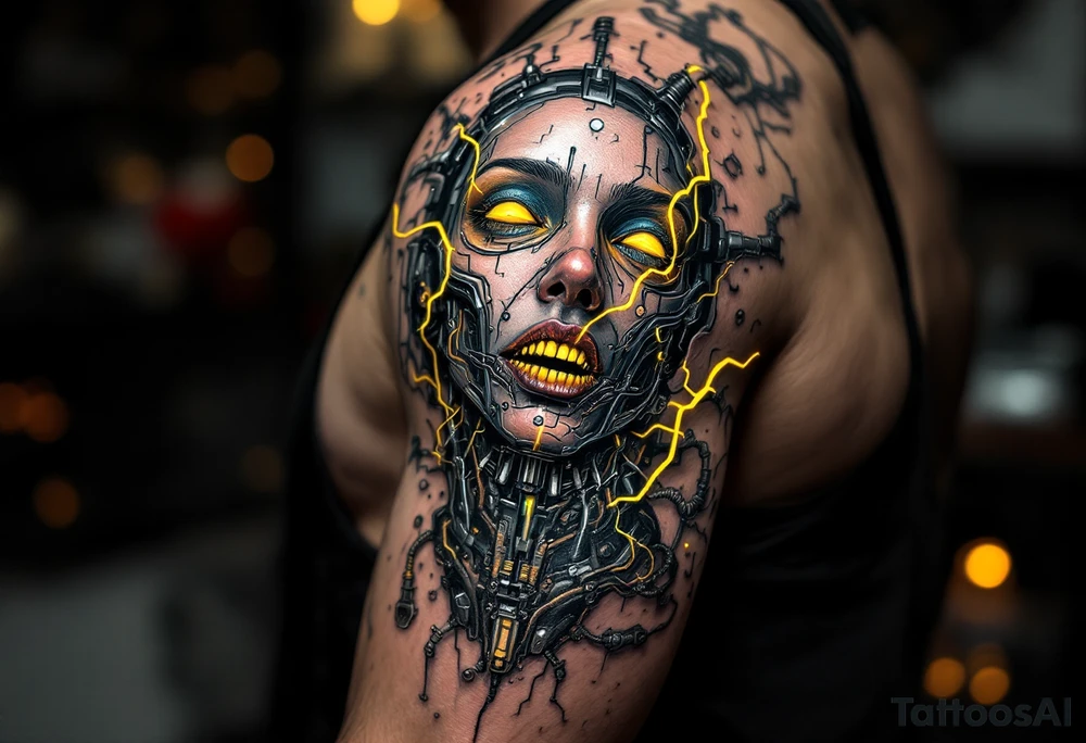 A biomechanical fusion tattoo where the skin peels back to reveal slick chrome and glowing yellow wires. tattoo idea