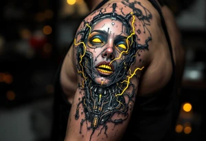 A biomechanical fusion tattoo where the skin peels back to reveal slick chrome and glowing yellow wires. tattoo idea