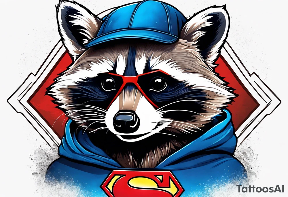 raccoon wearing a Superman hoodie tattoo idea