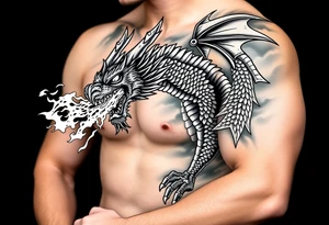 fierce dragon breathing iridescent fire against stormy skies tattoo idea