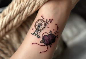 A Victorian-style spinning wheel with elegant mahogany tones, paired with a spool of deep burgundy yarn and subtle lacework details. tattoo idea