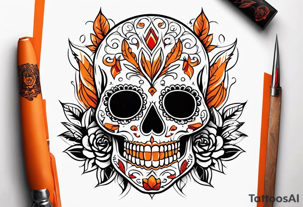 Orange Sugar skull with knifes that are orange and red with smoke around it tattoo idea