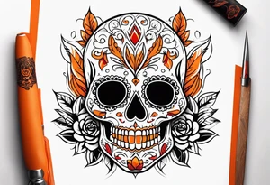Orange Sugar skull with knifes that are orange and red with smoke around it tattoo idea