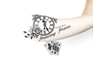 Roman clock with roses and a crown,  a quote that says nothings forever. and on the bottom a deck of cards tattoo idea