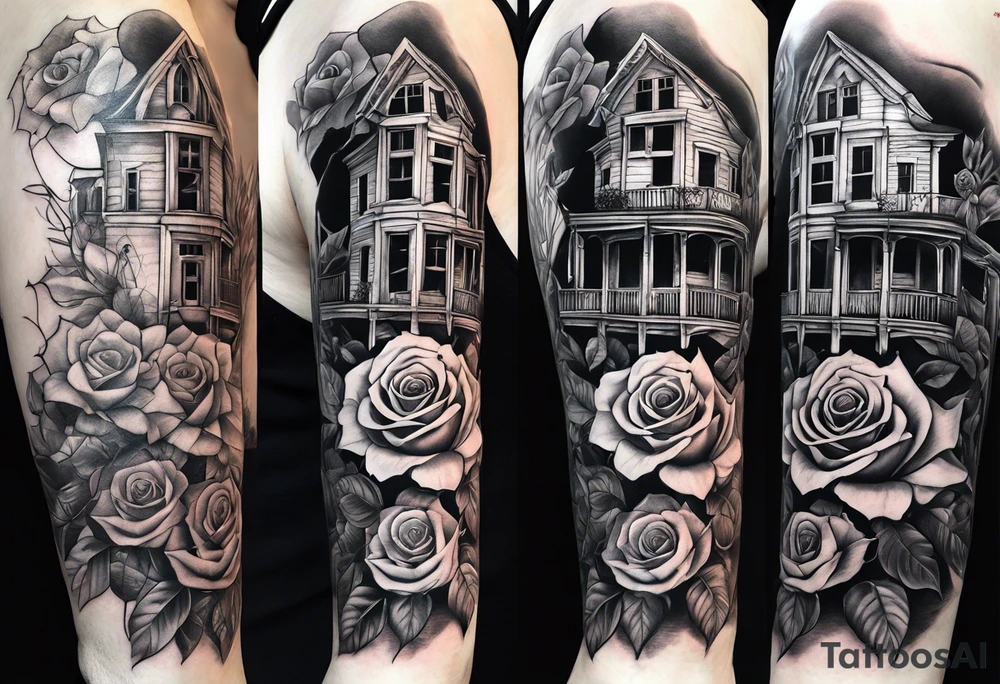 fool sleeve,, abandoned old gotic house, broken sword, roses, tattoo idea