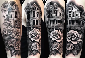 fool sleeve,, abandoned old gotic house, broken sword, roses, tattoo idea