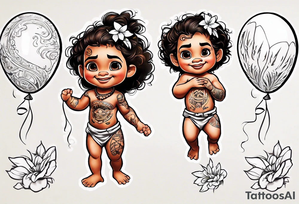 baby moana holding balloons tattoo idea