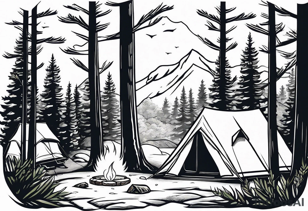 Campground with onr small tent and small fire pit with smoke billowing out of it. Forest of trees surrounding it with three large pine trees being the focus in the background. tattoo idea