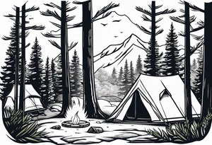 Campground with onr small tent and small fire pit with smoke billowing out of it. Forest of trees surrounding it with three large pine trees being the focus in the background. tattoo idea