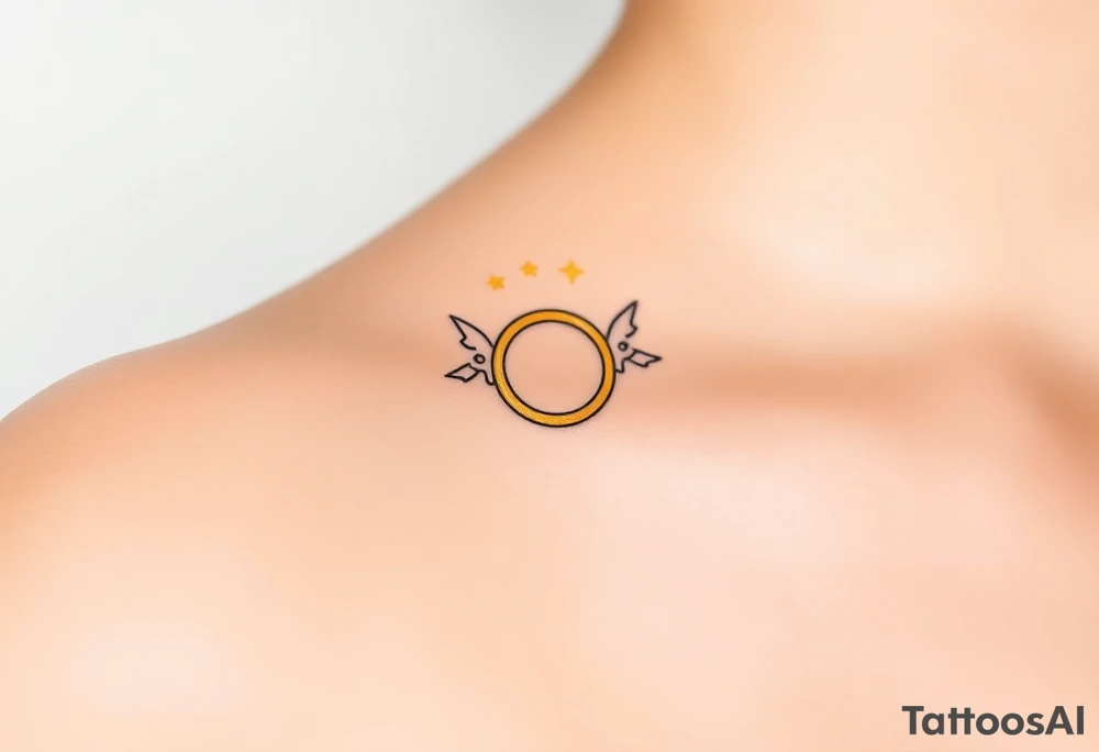 A golden wedding ring floating within an angelic halo, glowing softly. tattoo idea