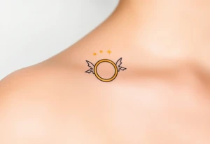 A golden wedding ring floating within an angelic halo, glowing softly. tattoo idea