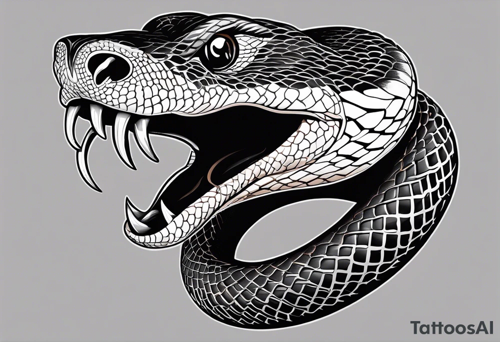 black and white drawing of a snake head with copper eyes an open mouth with mountain bike tire tread for body tattoo idea
