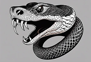 black and white drawing of a snake head with copper eyes an open mouth with mountain bike tire tread for body tattoo idea
