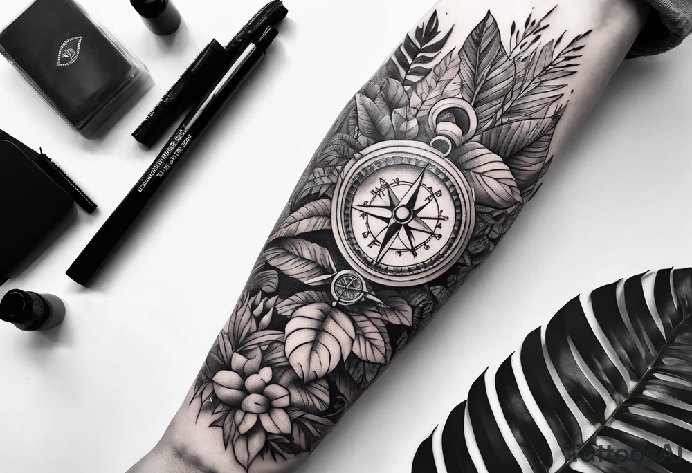 sleeve tattoo with jungle plants, compass, all-seeing eye tattoo idea