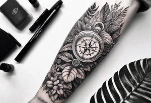 sleeve tattoo with jungle plants, compass, all-seeing eye tattoo idea