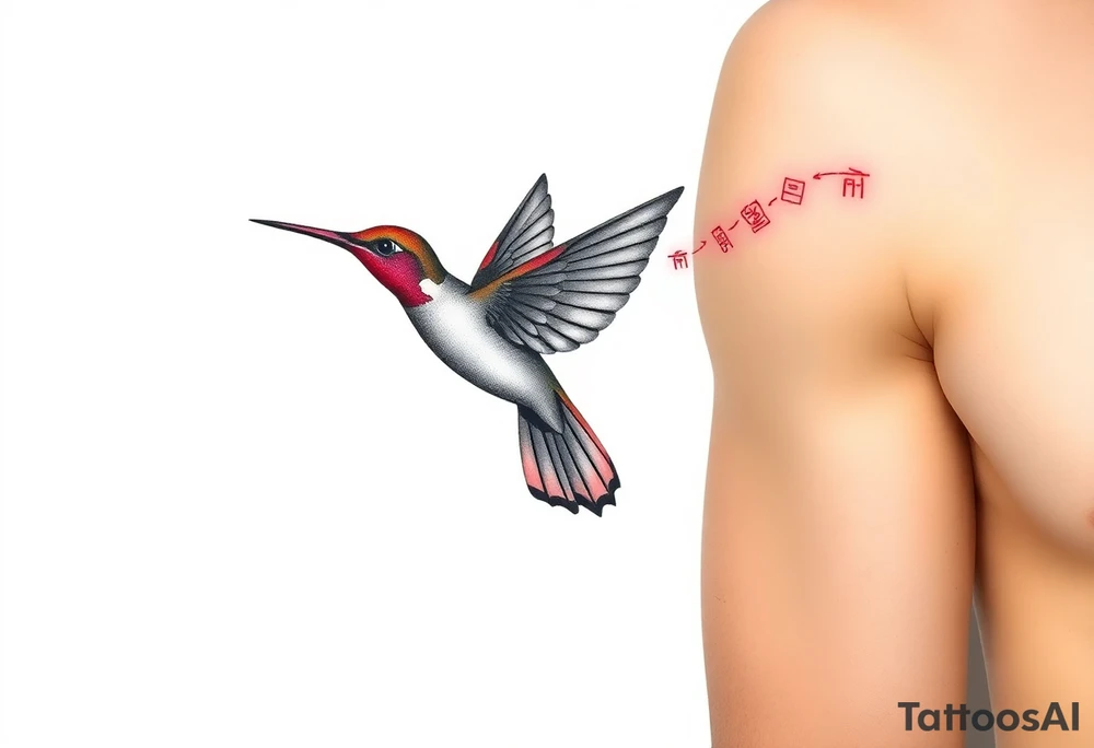 A hummingbird leaving a trail of glowing hieroglyphs as it flies(only red , blue and black are possible colors) tattoo idea