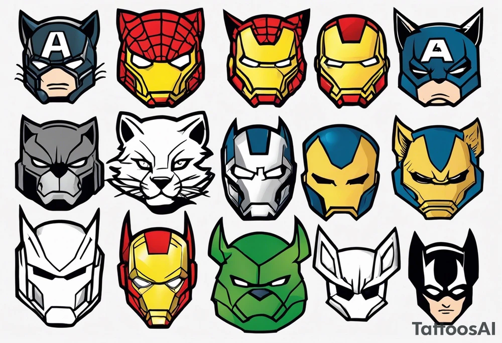 I want to change Avengers Team characters with animals. Hulk will be Badger, Thor will be Alpha Grey Wolf, Captain America will be Bull, Iron Man will be Canary, Black Widow will be Axolotl, Hawk Eye will be Sudan Plated Lizard and Nick Fury will be Cat. tattoo idea