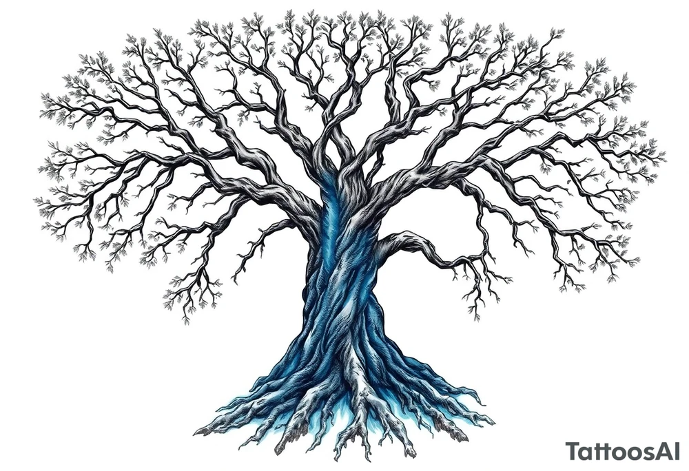 Black and white Tree with roots. Blue water inside the whole tree like veins tattoo idea