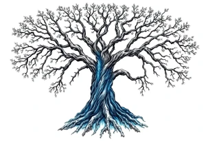 Black and white Tree with roots. Blue water inside the whole tree like veins tattoo idea