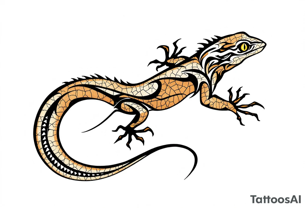 Tribal desert lizard with cracked earth texture – A sleek, agile lizard in motion, designed with tribal curves and sharp angles along its spine. Its skin mimics the pattern of sunbaked, cracked earth, blending tones of burnt orange, dusty brown, and charcoal black. The tail coils elegantly, forming a spiral, while the eyes gleam in golden yellow, symbolizing survival, transformation, and primal instincts. tattoo idea