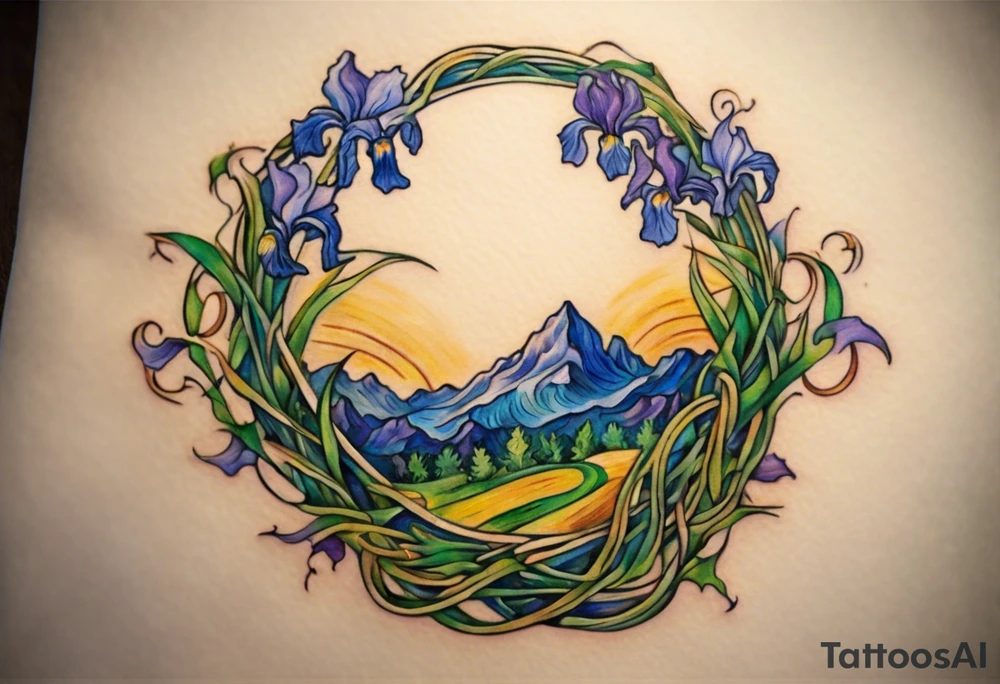 Create a small, colorful Vincent van Gogh Irises tattoo in the form of a crescent, with vines in Celtic knot style gracefully intertwining at a central point in the middle of the wreath. The intended placement is on the upper chest. The middle needs mountains. The overall design should be small in size while maintaining a delicate and artistic aesthetic. Pay attention to the graceful flow of the vines and the placement of the irises to achieve a refined and elegant look. tattoo idea