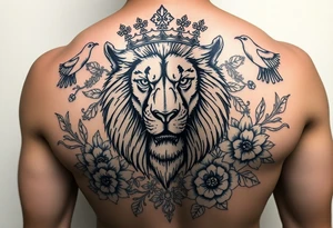 poking kong
werful majestic lion with a crown, surrounded by floral ornaments and birds tattoo idea