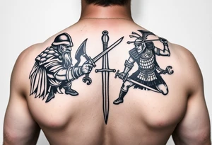 For a full back tattoo create the following battle seen- Viking vs Angus Kahn vs English knight vs Roman gladiator vs Japanese samurai. Note cation fighting and weapons against each other tattoo idea