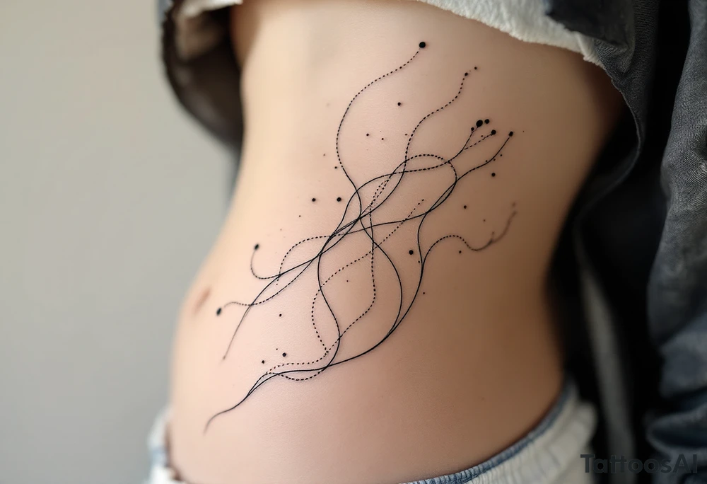 A delicate, large-scale fine line tattoo on the side torso of a woman with fair skin, extending from the ribs to the hip. The design features flowing, abstract organic lines resembling underwater seaweed or jellyfish tentacles, with soft curvature and elegant movement. The black ink lines are thin and airy, creating a sense of fluidity and lightness. The tattoo combines abstract botanical and marine influences, with a sensual, feminine, modern aesthetic. Photorealistic style, high detail, natural lighting, soft shadows. tattoo idea