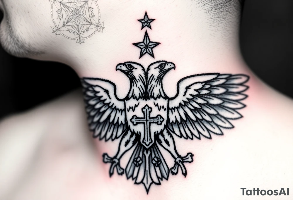 Double-headed eagle outline only (no shading) — suits neck skin which ages differently
Star above, small orthodox cross below tattoo idea