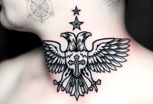 Double-headed eagle outline only (no shading) — suits neck skin which ages differently
Star above, small orthodox cross below tattoo idea
