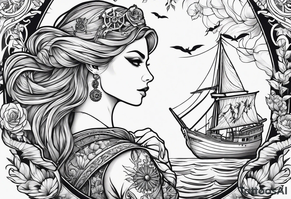 full sleeve skeleton sailor mermaid silhouette outline mechanical nautical tattoo idea