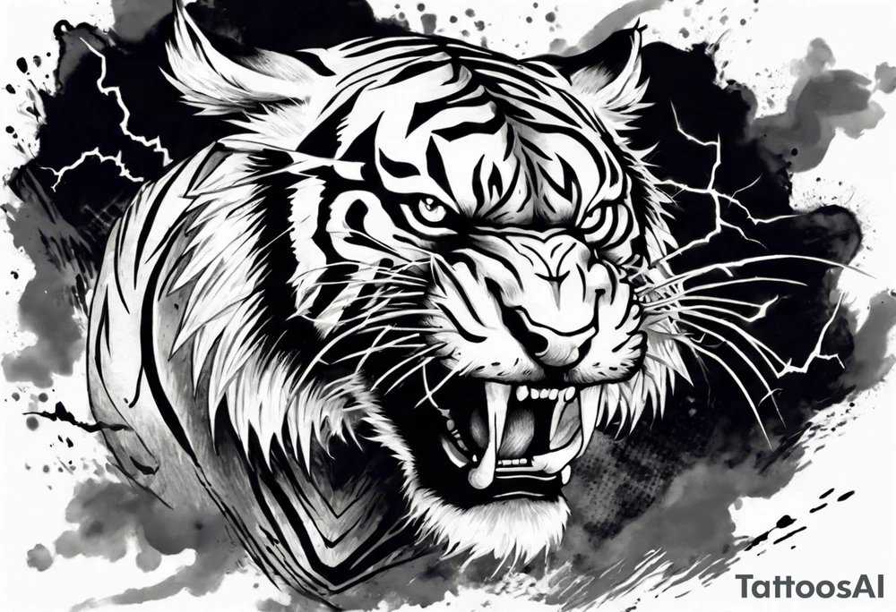 mythical ferocious tiger with lightning around it. The tattoo is for a forearm sleeve tattoo idea